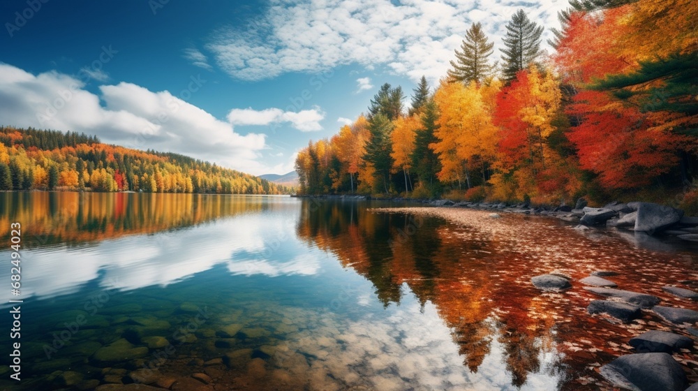 an image of a picturesque lake with colorful autumn foliage