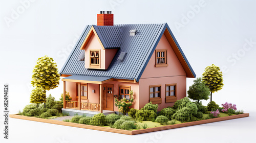 Miniature model of a house with trees and grass on white background. 3d rendering. Generative AI technology. © Grycaj