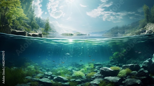 an image of a pristine lake with a clear view of the underwater world