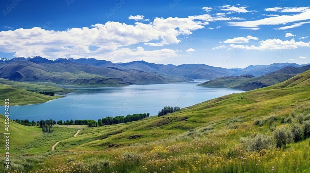 an image of a pristine lake with a backdrop of rolling hills