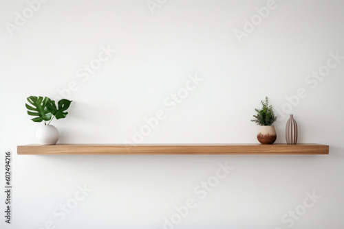 Wood floating shelf with plants and vases on white wall. Interior design of modern living room. Generative AI