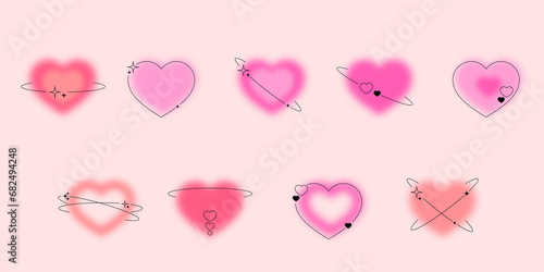 Set of blurred pink gradient hearts with linear shape and stars, trendy y2k style design template. Modern minimalistic style. Social media or logo elements