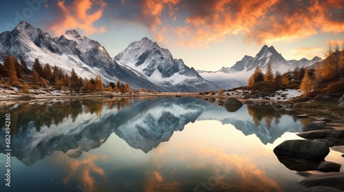 an image of a pristine lake reflecting the rugged mountain terrain photo