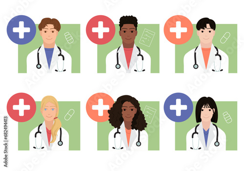 Set of kind asian, black female and male doctors with white crosses, different colors of hair on green background for icons, profiles, stickers, wallpapers