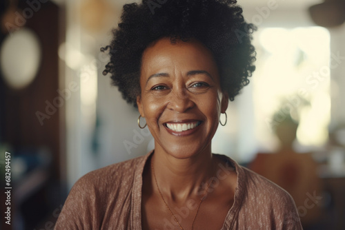 Smiling middle-aged Afro modern woman at home