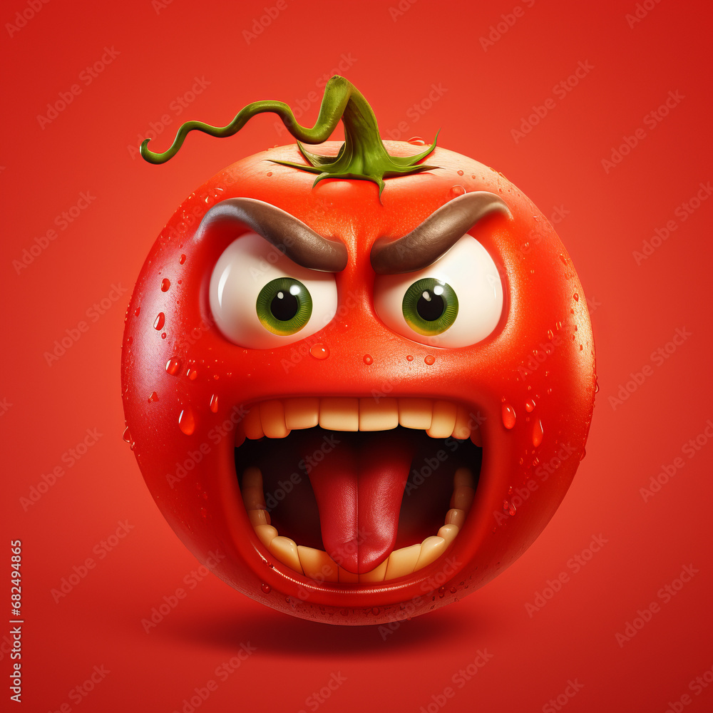 Obraz premium Angry tomato on a red background, AI Generation