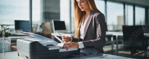 Woman using copy printer machine in modern office. Bussiness girl making copies of documents. photo