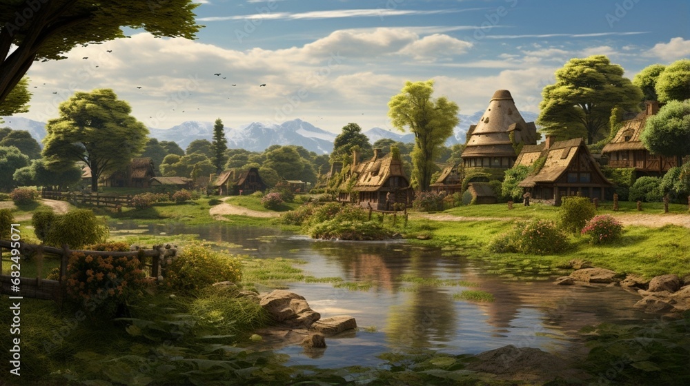 an image of a serene agricultural village with a peaceful pond
