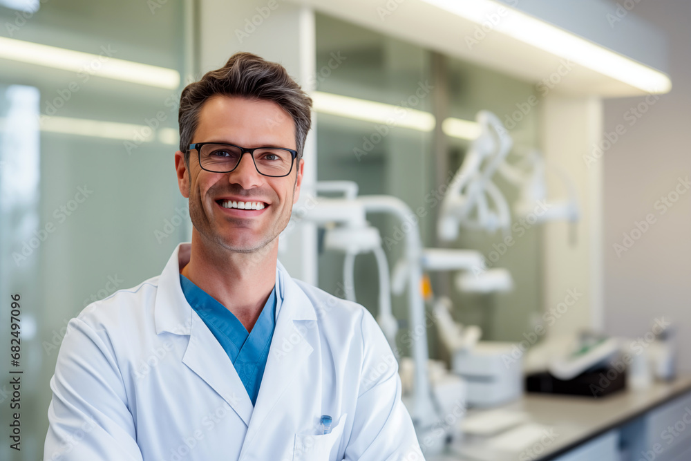Smiling men dentist at work. Men dentist in her office. Work. AI. Smiling men dentist at work. Men dentist in her office. Work. AI.
