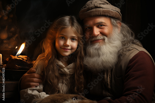 Santa claus with a little smiling girl on his lap at christmas