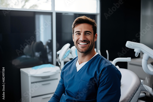 Smiling men dentist at work. Men dentist in her office. Work. AI.