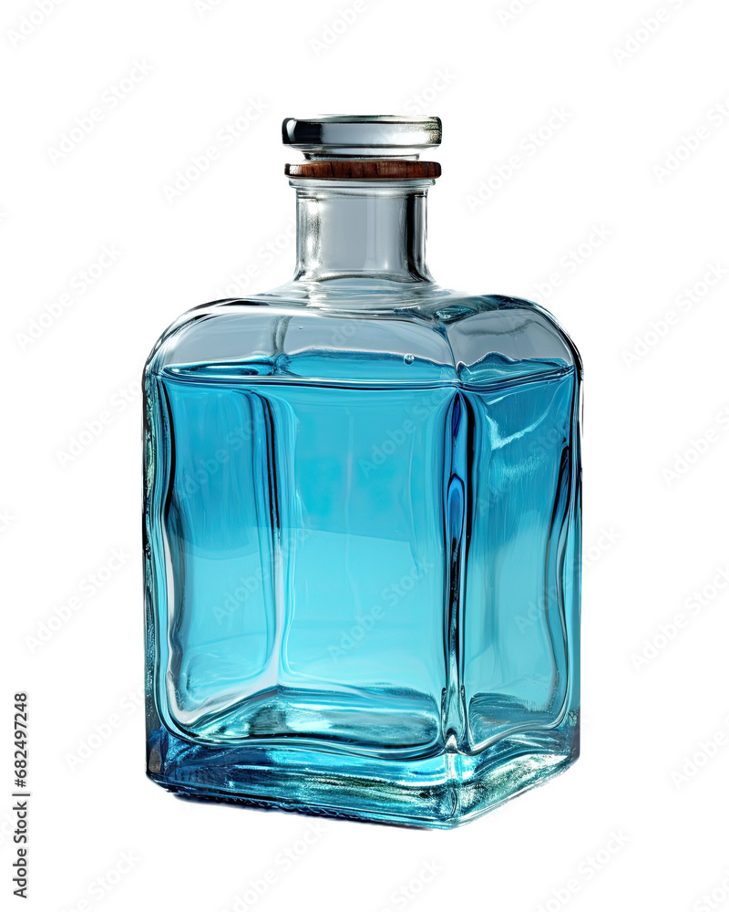 a glass bottle with blue liquid, in a side view PNG, in a decor Container-themed, isolated, and transparent photorealistic illustration. Generative ai a glass bottle with blue liquid, in a side view PNG, in a decor Container-themed, isolated, and transparent photorealistic illustration. Generative ai