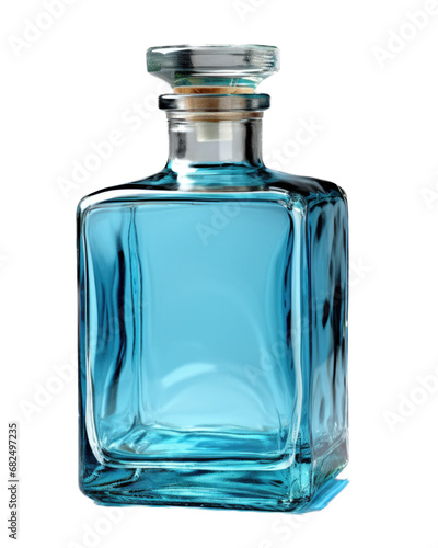 a glass bottle with blue liquid, in a side view PNG, in a decor Container-themed, isolated, and transparent photorealistic illustration. Generative ai