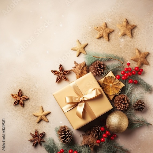 Christmas decoration composition on light gold background with beautiful Golden gift box , Generative AI