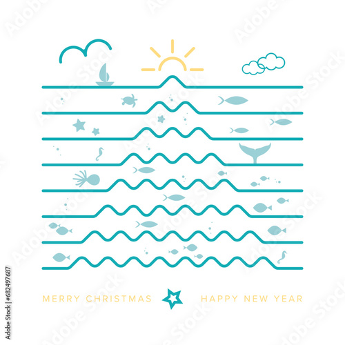 Vector Christmas Card, Inspired by Summer and Marine Life. Abstract Concept Image.