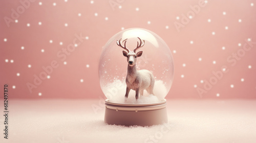 Playful Christmas Holidays Snow Globe with Reindeer and Snowfall on Pink Pastel Background with Twinkle Lights Background Effect - Xmas Decor Theme with Copy Space photo