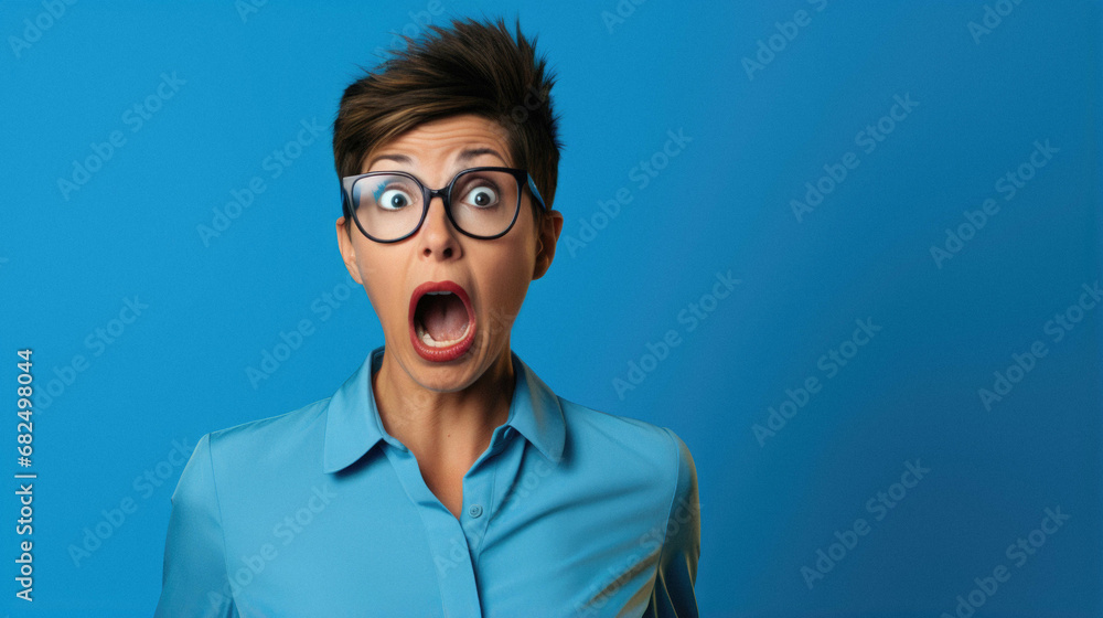 Shocked young woman with blue eyes in blue suit looking away while standing isolated on blue studio background.