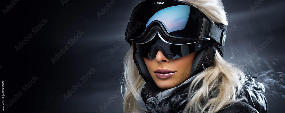Portrait of woman skier with helmet and gloves. Winter skier detail concept. Portrait of woman skier with helmet and gloves. Winter skier detail concept.