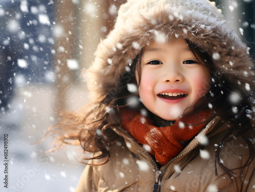 Cute little Asian girl enjoys the snow