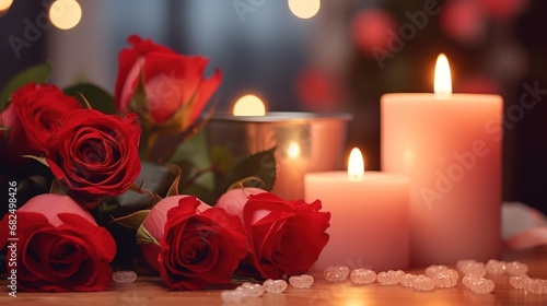 Romantic dinner scene with candles and roses on a festive table on Valentine's Day with blurred bokeh background.