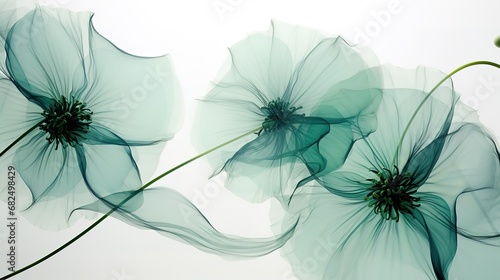 Delicate background with transparent x-ray turquoise, blue flowers on a white background. photo