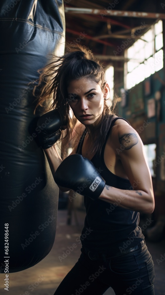 A woman boxing with a punching bag, with a gritty, industrial setting in the background