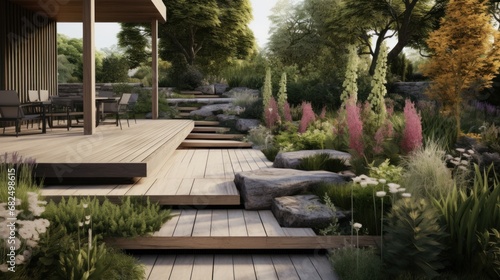 a modern garden with a unique set of outdoor furniture, well-maintained greenery © ArtCookStudio