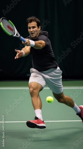 A tennis player hitting a forehand shot, with the ball in mid-air and the opponent visible in the background photo
