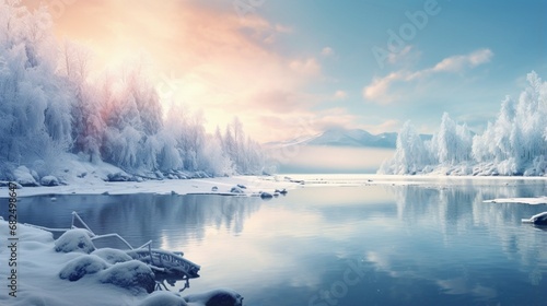 an image of a snowy lakeside landscape