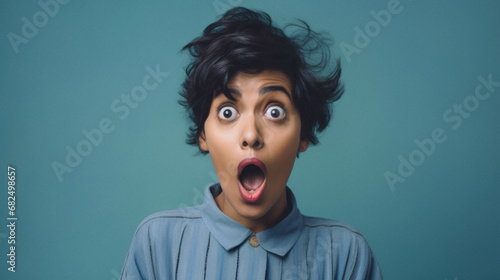 Beautiful brunette woman with curly hair wearing casual blue sweater standing over pink background afraid and shocked with surprise expression, fear and excited face.