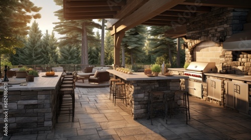 a stone patio with an outdoor kitchen for outdoor parties in a Horizontal format, in an Architectural-themed, photorealistic illustration in JPG. Generative ai photo