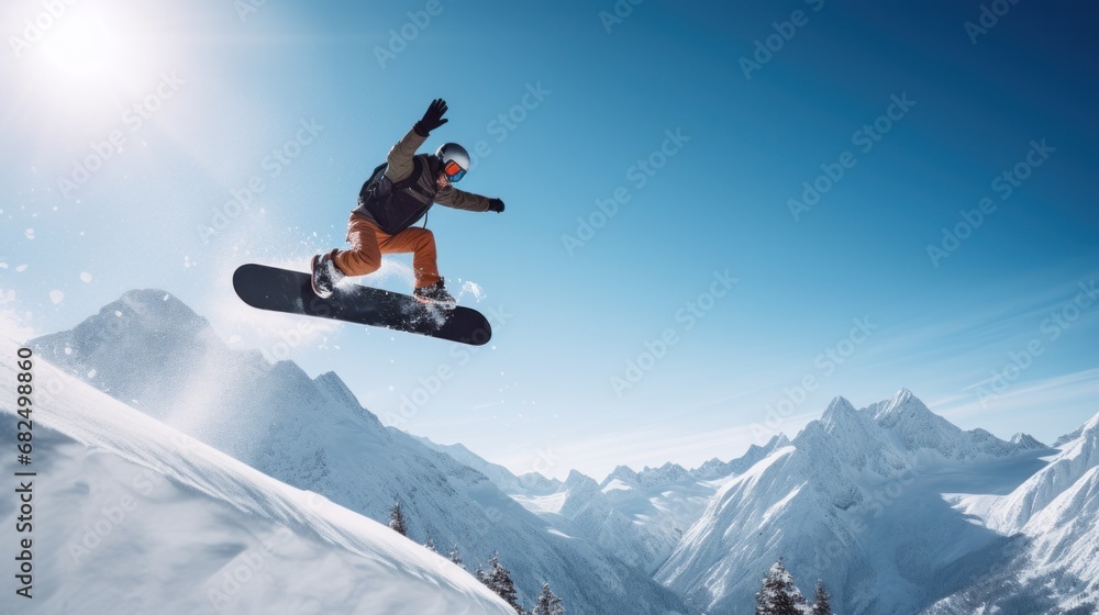 A snowboarder performing a trick in mid-air, with the snow-covered mountain in the background A snowboarder performing a trick in mid-air, with the snow-covered mountain in the background