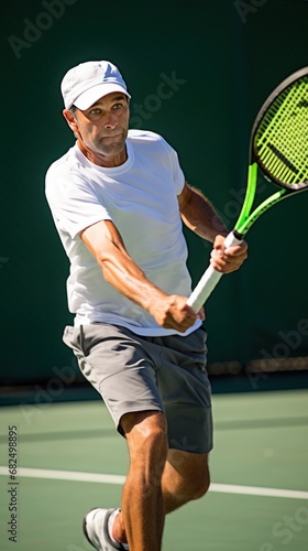 A tennis player hitting a forehand shot, with the ball in mid-air and the opponent visible in the background photo