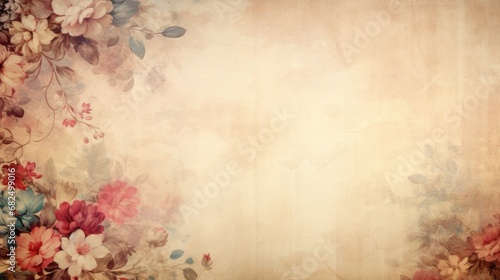 vintage paper with flowers on the side margins  with room for copy and a  light background in a Horizontal format  in a Floral art paper-themed  photorealistic illustration in JPG.