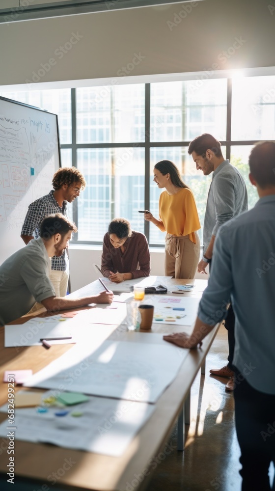 A team of coworkers brainstorming and writing on a whiteboard in a brightly lit office