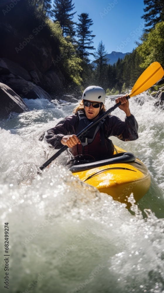 A kayaker navigating through rough white water rapids
