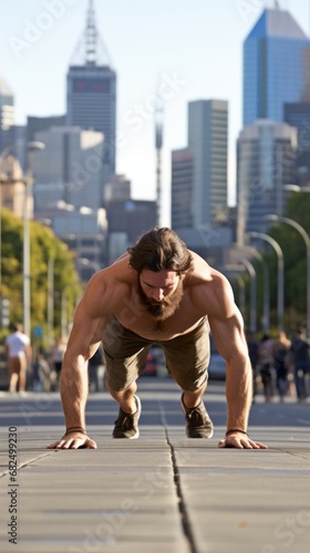 A man doing push-ups on a city street, with a busy urban setting behind him