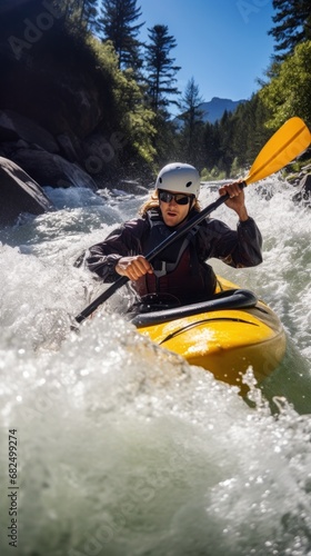 A kayaker navigating through rough white water rapids © ArtCookStudio