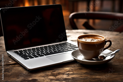cup of coffee and laptop in a cafe, business and learning concept