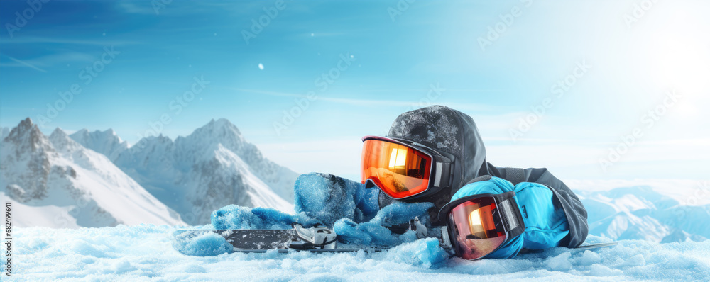 Snowboard equipment on winter background. copy space for text. Snowboard equipment on winter background. copy space for text.