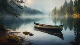 an image of a tranquil freshwater lake with a wooden rowboat