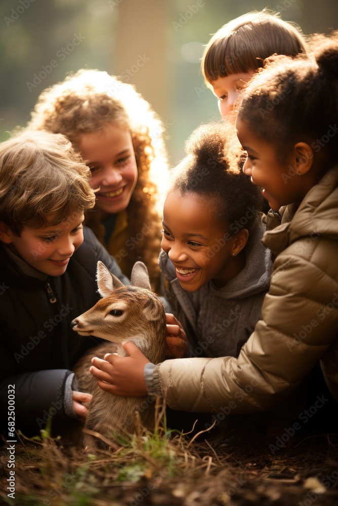 group of children gathered around a baby deer, smiling and gently petting its soft fur