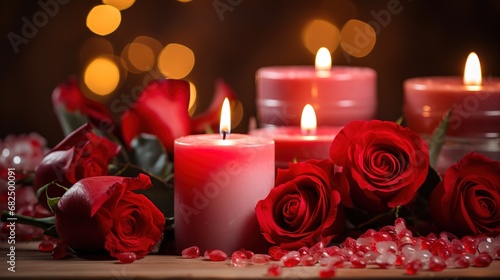 Romantic dinner scene with candles and roses on a festive table on Valentine s Day with blurred bokeh background.