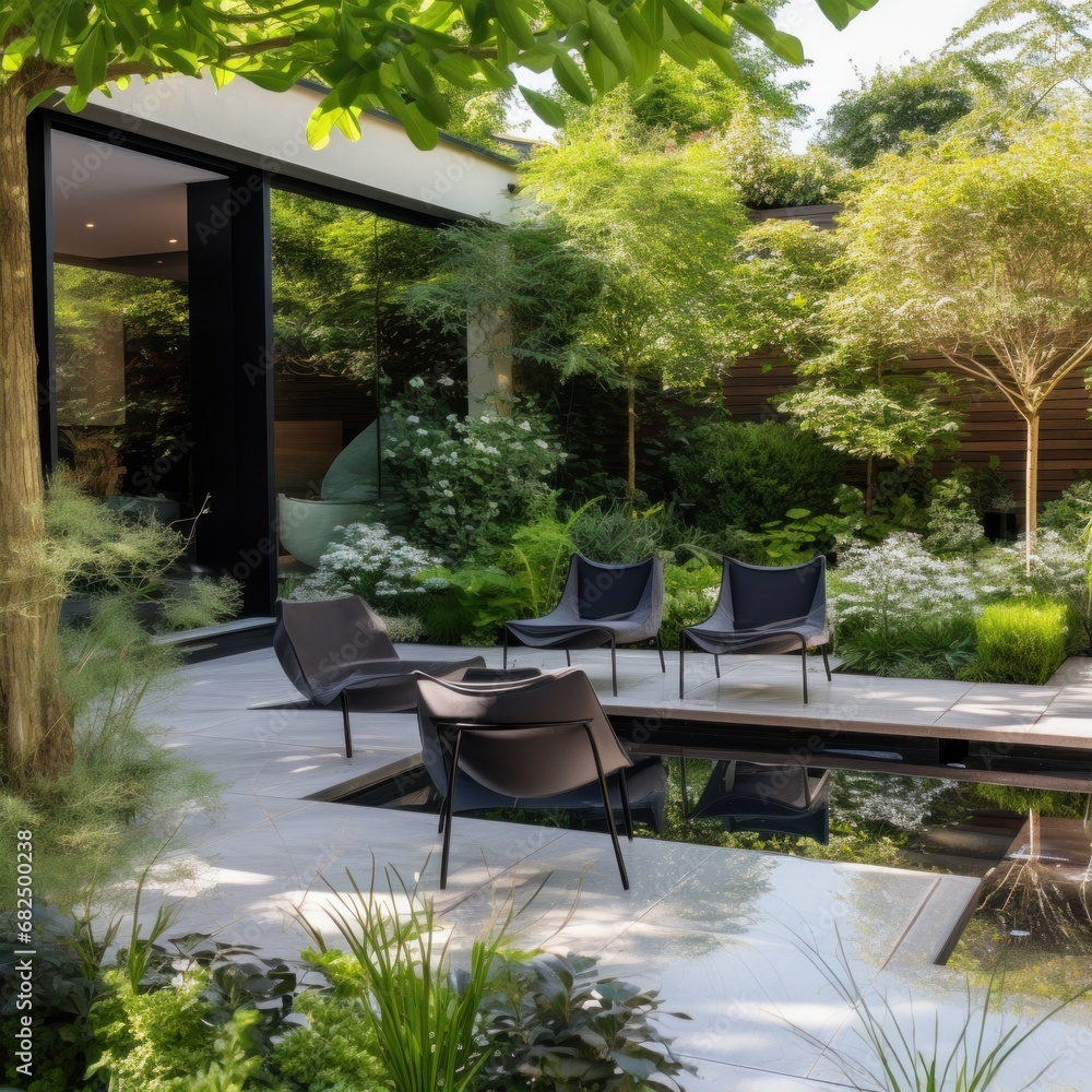 a modern garden with a unique set of outdoor furniture, well-maintained greenery