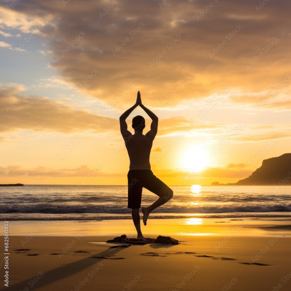 A man doing yoga on a beach, with the ocean and sunrise in the background