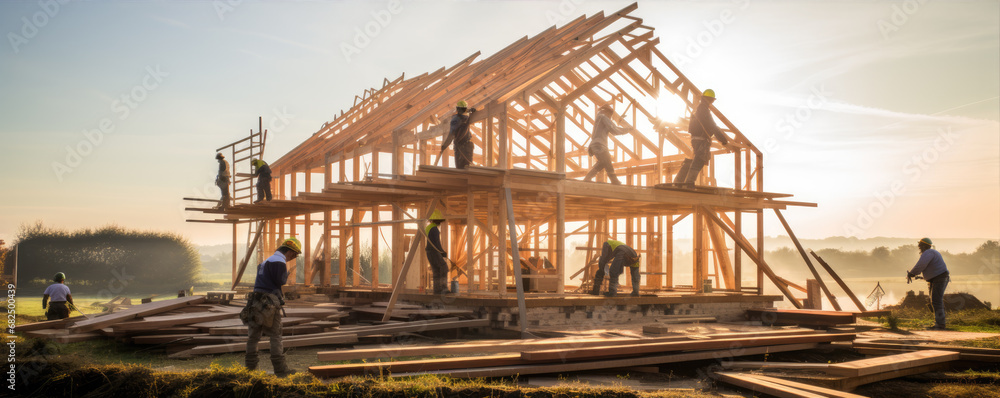 Construction or frame wooden house. Carpenter Workers building wood houses in forest nature Construction or frame wooden house. Carpenter Workers building wood houses in forest nature