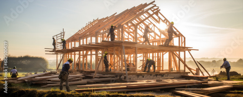 Construction or frame wooden house. Carpenter Workers building wood houses in forest nature