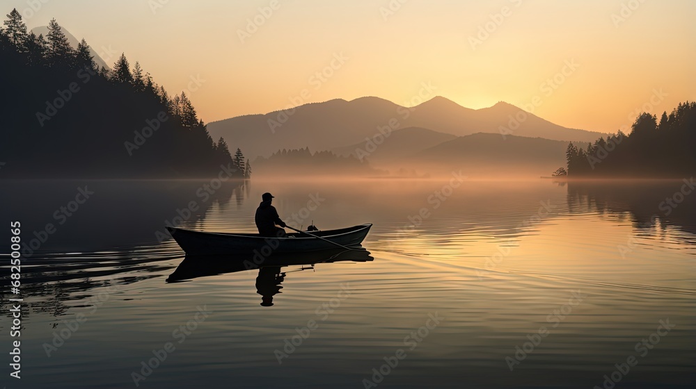 Silhouette of a man fishing in a canoe on a still morning