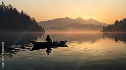 Silhouette of a man fishing in a canoe on a still morning photo