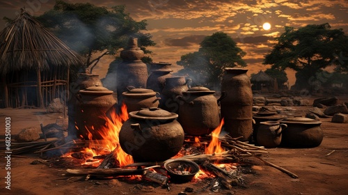 Few traditional African three legged pots by the wood fire cooking lunch photo